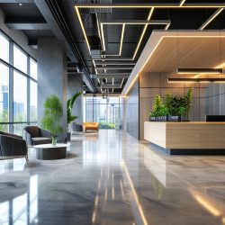 Interior of modern office waiting room with gray walls concrete floor wooden reception desk and green plants, ai generative